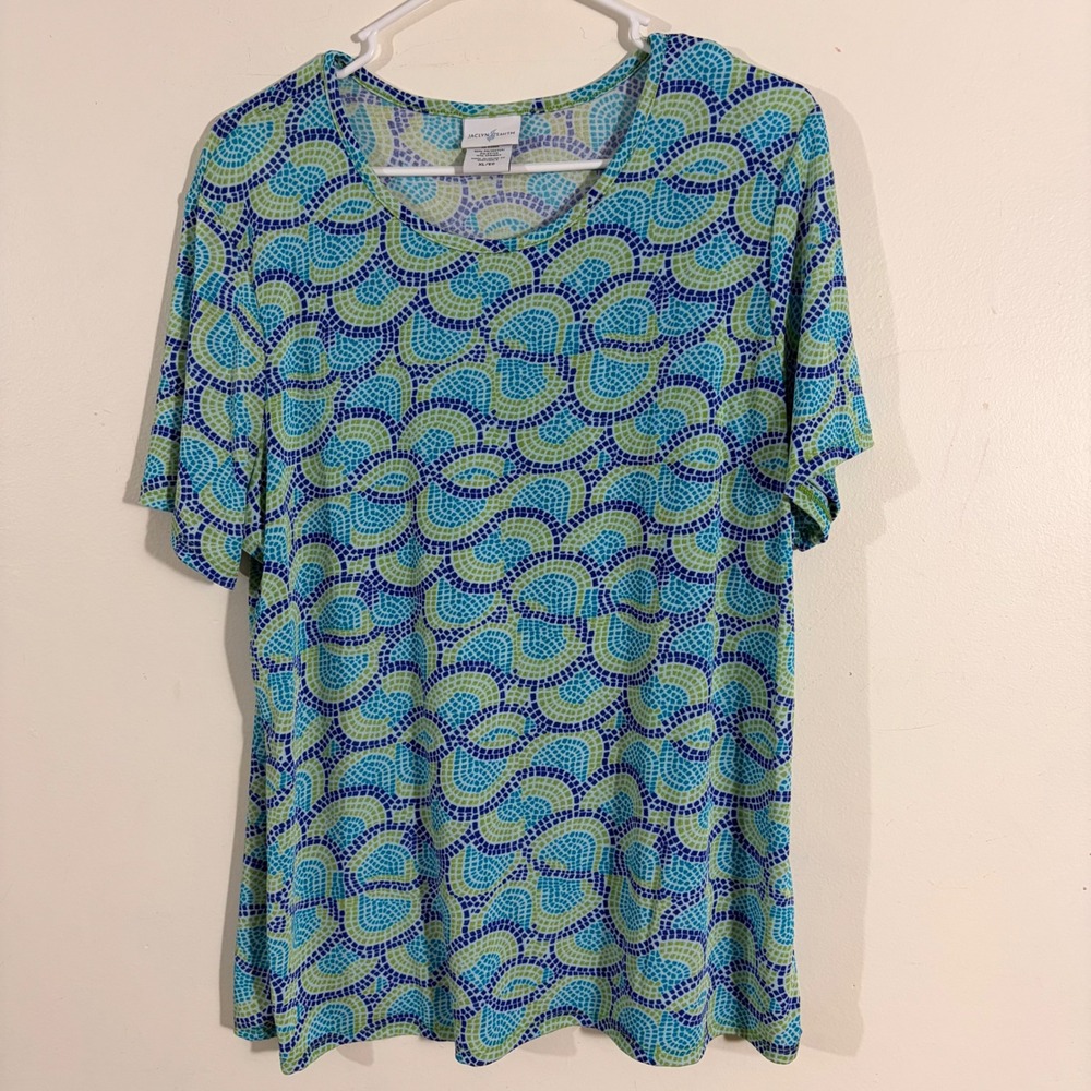 Jaclyn Smith T-Shirt Womens XL Blue Green Mosaic Geometric Print Short Sleeve